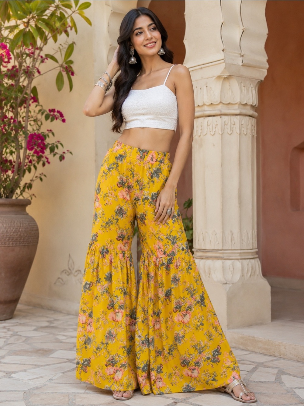 Janasya Yellow Floral Sharara Palazzo Pants Boho Festival Wide Leg M